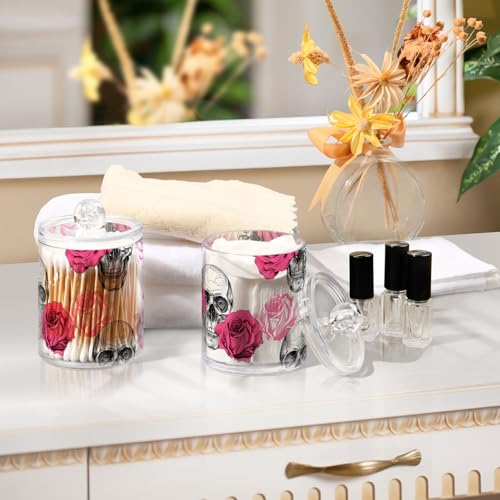 2 Pack Qtip Holder Dispenser Skull Rose Flower Bathroom Storage Canister Lid Acrylic Plastic Apothecary Jar Set Vanity Makeup Organizer for Cotton Swab (2 Count)