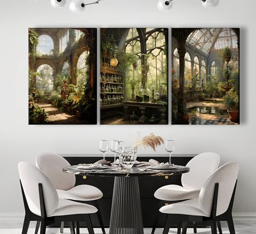 3pcs Framed William Morris Green Plants Canvas Wall Art Medieval Castle Posters Prints Gothictalian Landscape Painting Pictures Paintings Wall Decor for Living Room Bathroom Bedroom Decoration (3 Count)