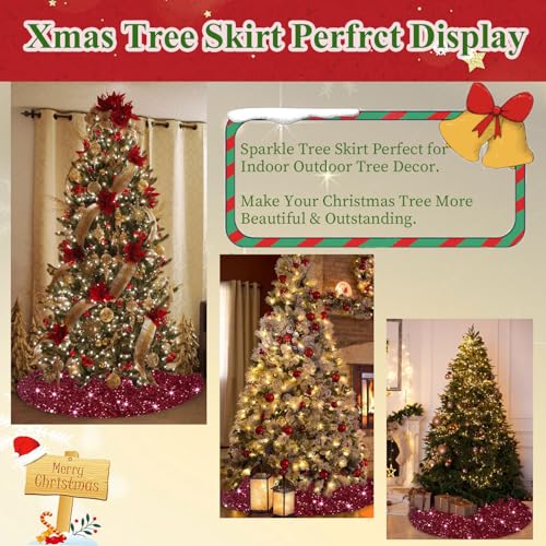 Sequins Christmas Tree Skirt 46 Inch Burgundy Xmas Tree Skirt Soft Fabric Christmas Tree Floor Mat Velvet Tree Skirt Christmas Tree Carpet for Indoor Home Party Decorations