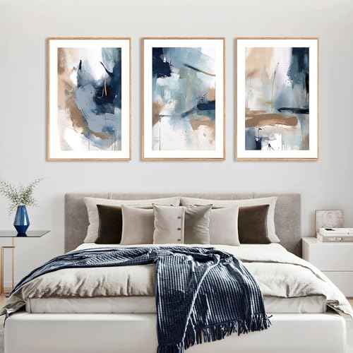 Large Abstract Navy Blue Framed Canvas Wall Art (3 Count)