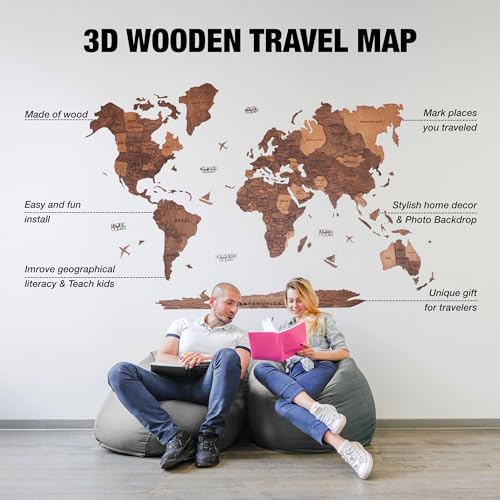 Handmade 3D Wood World Map Wall Art Large Wall Decor Track Your World Travels