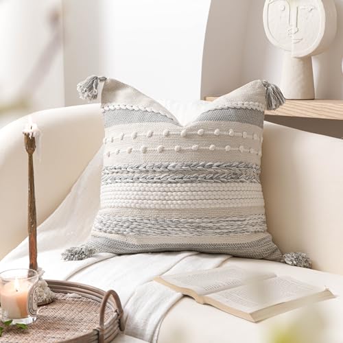 Gray Boho Decorative Throw Pillow Cover 20x20 Square Farmhouse Accent Cushion for Couch Sofa Livingroom Bedroom Pillowcase Modern Home Décor