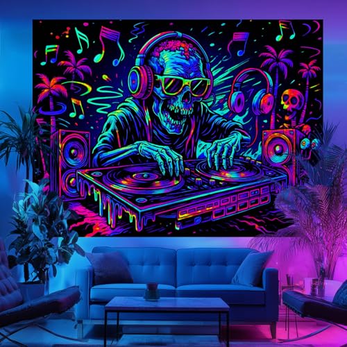 Blacklight Tapestry DJ Skeleton Bedroom Decor 78 x 59 Inch
