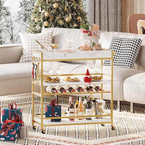 Gold Bar Cart on Wheels for Home with Wine Rack & Glass Holders