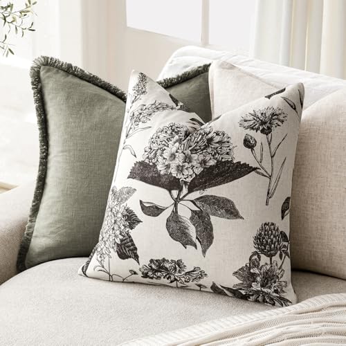 Set of 2 Linen Floral Vintage Throw Pillow Covers Neutral Accent Print Decorative Cushion Covers Farmhouse Boho Home Decor for Sofa Chair Couch Bedroom Living Room