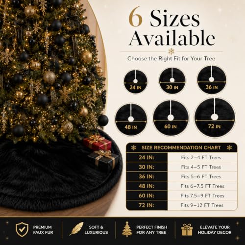 72 Inch Faux Fur Christmas Tree Skirt Black Plush Skirt for Merry Christmas Party Christmas Tree Decoration