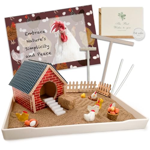 Chicken Zen Garden for Desk with Sand Tray and Mini Coop