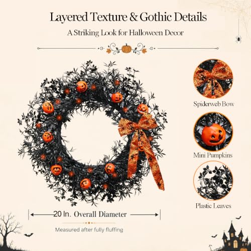 20 Inch Pumpkin Halloween Wreath with 30 Orange LEDs & Spiderweb Bow