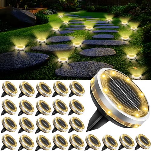 26 Pack Outdoor Solar Ground Lights with 4 Side Light（Warm White） (26 Count)
