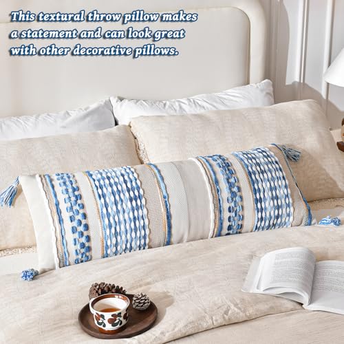 Chenille Striped Textured Boho Throw Pillow Covers Aesthetic with Tassels Woven Decorative Pillow Case for Couch Bed Sofa Bedroom Modern Funky 14 x 36