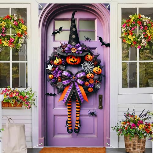 Halloween Door Cover Purple Pumpkin Bow 71 x 35 Inch