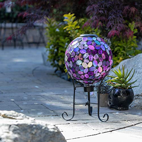 Outdoor Solar Powered Pink Glass Mosaic Gazing Globe with LED Lights and Metal Stand