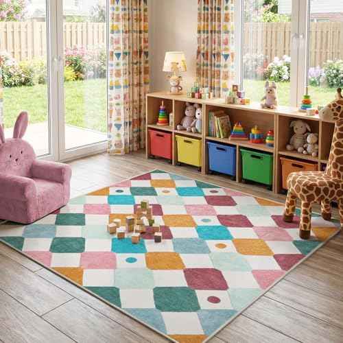 5x5 Nursery Rug Kids Room Square Rug Washable Colorful Playroom Rug (25 Sq Ft)