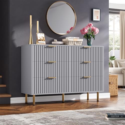 47.2" Fluted Grey 6 Drawer Dresser for Bedroom with Deep Drawers