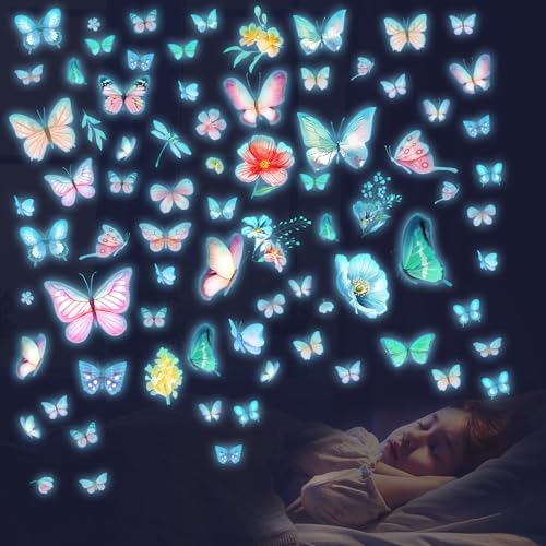Glow in The Dark Butterfly Flower Wall Decals Glowing Luminous (4 Count)