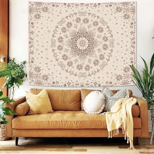 Boho Floral Mandala Tapestry Wall Hanging Bohemian Flower Medallion Tapestry Aesthetic Beige Brown Hippie Indian Small Tapestries for Bedroom Living Room Dorm Decor 48 x 36 Inch