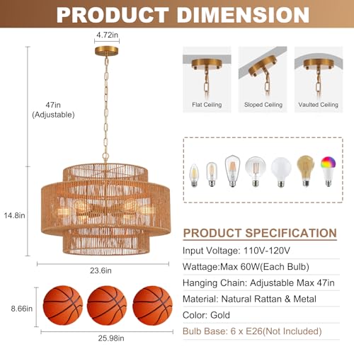 23.6" Large Gold Rattan Chandelier