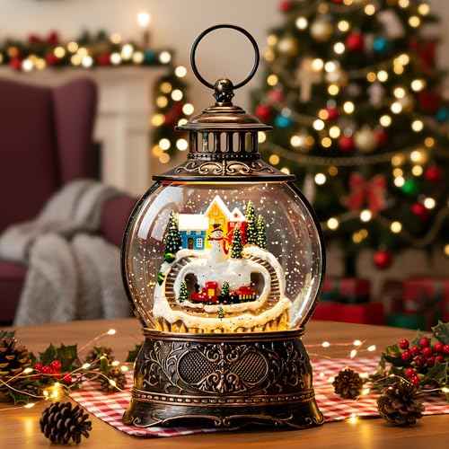 Christmas Village Snow Globe Water Lantern with Snowman and Train Scene Battery Operated or USB Powered Musical Lighted Holiday Decoration for Tabletop Display for Family and Friends