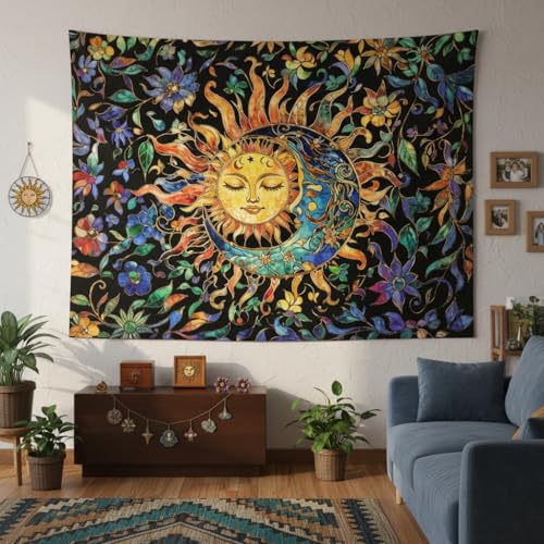 Sun and Moon Tapestry for Bedroom Boho Hippie Floral Wall Tapestry Aesthetic Vintage Stained Glass Plant Large Tapestries Wall Hanging for Living Room Dorm 80 x 60 Inch