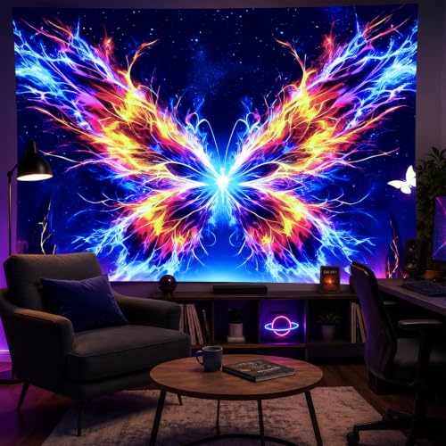 Blacklight Tapestry Butterfly Starry UV Backdrop 78 x 59 Inch