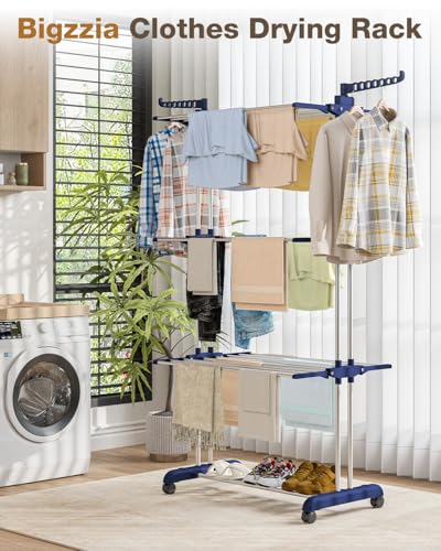Clothes Drying Rack Folding with Wheels Drying Rack Clothing Clothes Horses Rack Stainless Steel Laundry Drying Rack with Two Side Wings 4 Tier Upgraded Grey Blue