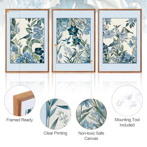 3 Pcs Blue Birds Flowers Framed Canvas Wall Art 16x24 Inch