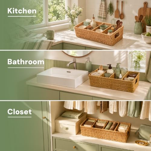 2PCS Rattan Pantry Organizer Baskets with Removable Dividers (2 Count)