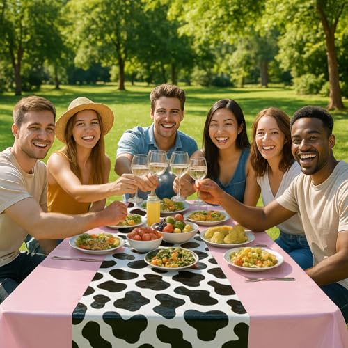 3 Pack 108 x 54 Inch Cow Print Tablecloth Cow Plastic Table Cover Birthday Party Table Cloth Disposable Plastic Farm Animal Party Cover for Disco Cowgirl Decorations Supplies Pink (3 Count)
