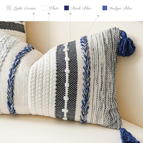 Navy Dark Blue Decorative Throw Pillow Cover 18x18 Square Boho Accent Pillowcase Tassels Farmhouse Cushion for Couch Sofa Bedroom Living Room Home Décor Cover ONLY