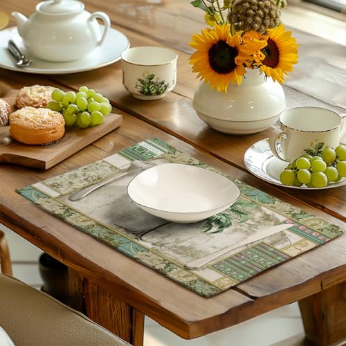 Tropical Palm Tree Placemats Set of 4 Summer Vintage Green Leaf Kitchen Table Mat 12x18 Inch Hawaii Beach Jungle Plant Tree Heat Resistant Washable Linen Place Mats for Dining Tables (4 Count)