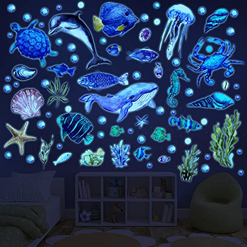 52 Pcs Ocean Fish Wall Decals Glow in The Dark Under The Sea Wall Decals Sea Life Animals Stickers Removable Waterproof Peel and Stick Decal for Girl Boy Kids Bedroom Nursery Bathroom (46 Count)