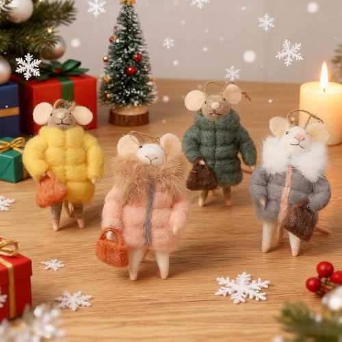 Set of 4 Christmas Felt Mice Ornaments (4 Count)