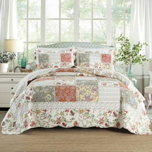 3 Piece Quilt Set Queen Size Quilted Bedspread Reversible Country Style Floral Real Patchwork Bedding Quilt Set with Ruffles with Pillowcases for All Seasons
