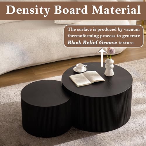 Black Round Fluted Nesting Coffee Table Set of 2