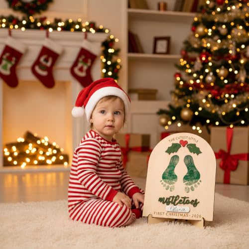 Personalized Baby’s First Christmas 2026 Wooden Mistletoes Footprint Art
