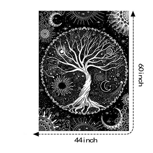 Tree of Life Tapestry Black and White Tapestry Mystical Sun and Moon Tapestries for Bedroom and Living Room Decor Black Tree 44×60 Inches