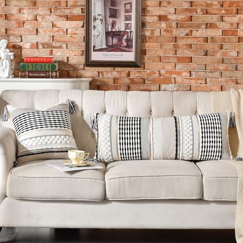 Chenille Striped Textured Boho Throw Pillow Covers Aesthetic with Tassels Woven Decorative Pillow Case for Couch Bed Sofa Bedroom Modern Funky 14 x 36