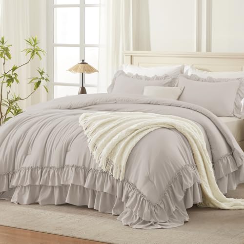 Linen Grey Ruffle Comforter Set Queen Size