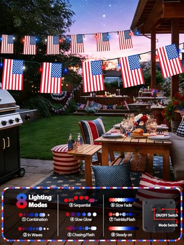 4th of July Decorations 50 LED Solar American Flag String Lights Outdoor