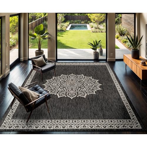 Outdoor Rug 10x14 Medallion Darkgray Modern Large Area Rugs for Indoor and Outdoor Patios Kitchen and Hallway Mats Washable Porch Deck Outside Carpet (140 Sq Ft)
