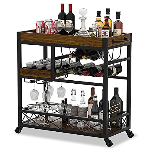 Bar Cart Industrial Mobile Kitchen Serving Carts for Home 3 Tier Storage Trolley with Wine Rack Glasses Holder Two Portable Trays Universal Casters with Brakes Rustic Rolling Cart for Indoor Outdoor