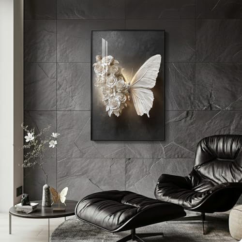 Large Framed Black and White Butterfly Floral Wall Art