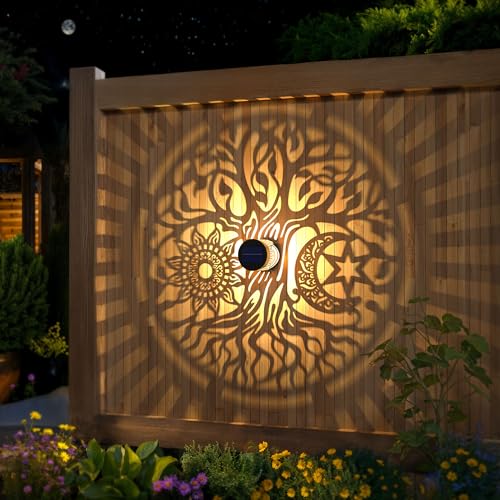 4 Pack Large Solar Fence Lights Metal Solar Powered Outdoor Wall Deck Step Lights Tree Theme Waterproof Fence Light for Garden Post Patio Backyard Yard Decor (4 Count)