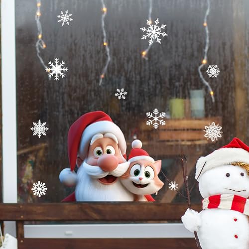Christmas Window Clings for Glass 1 Sheet Santa Window Decals with Cat Designs Window Stickers Cute Windows Cling for Winter Party Supplies Home School Office Glass Decorations