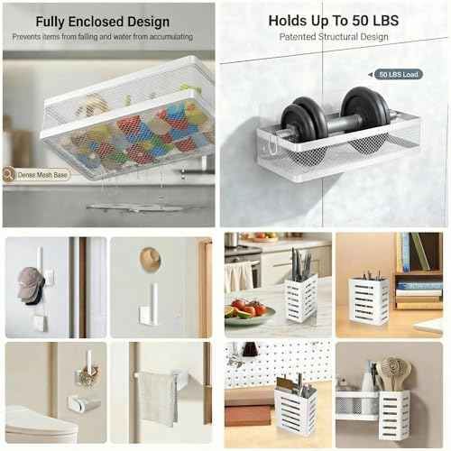 5-in-1 Wide Wall Mount Wrapped Mesh Kitchen Organizer & Shower Caddy Kit, with Paper Towel Holder, Utensil Holder, Soap Dish, Heavy Duty 50LBS - White, Netting