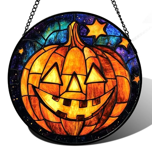Stained Glass Window Hanging Halloween Horror Golden Pumpkin 7.8"