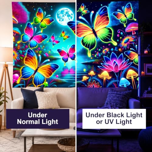 Blacklight Tapestry Butterfly Floral UV Backdrop 78 x 59 Inch