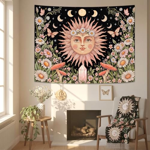 Boho Pink Sun Moon Phase Daisy Flower Floral Tapestry 60 x 44 Inch