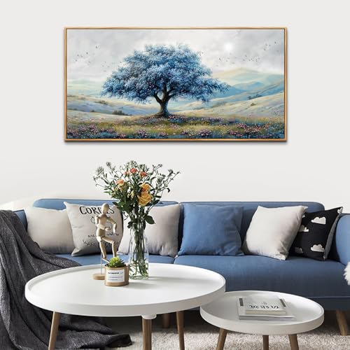 Large Wood Framed Wall Decor For Living Room Canvas Wall Art For Office Modern Wall Decorations For Bedroom Blue Tree Landscape Painting Farmhouse Pictures Artwork Home Decor 24x48 In