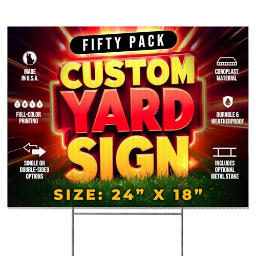 50 Pack 24"x18" Custom Yard Signs with Stakes (50 Count)